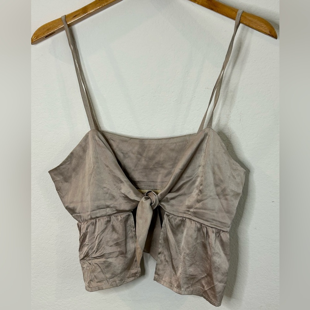 LA TROUPE Taupe Cropped Front Tie Spaghetti Strap Silk Blend Tank Top EST SZ M